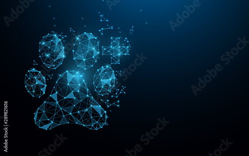 Dog paw print and medical cross icon from lines, triangles and particle style design. Vector illustration