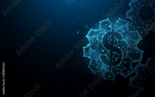 Dollar with gears from lines, triangles and particle style design. Business and Financial system concept