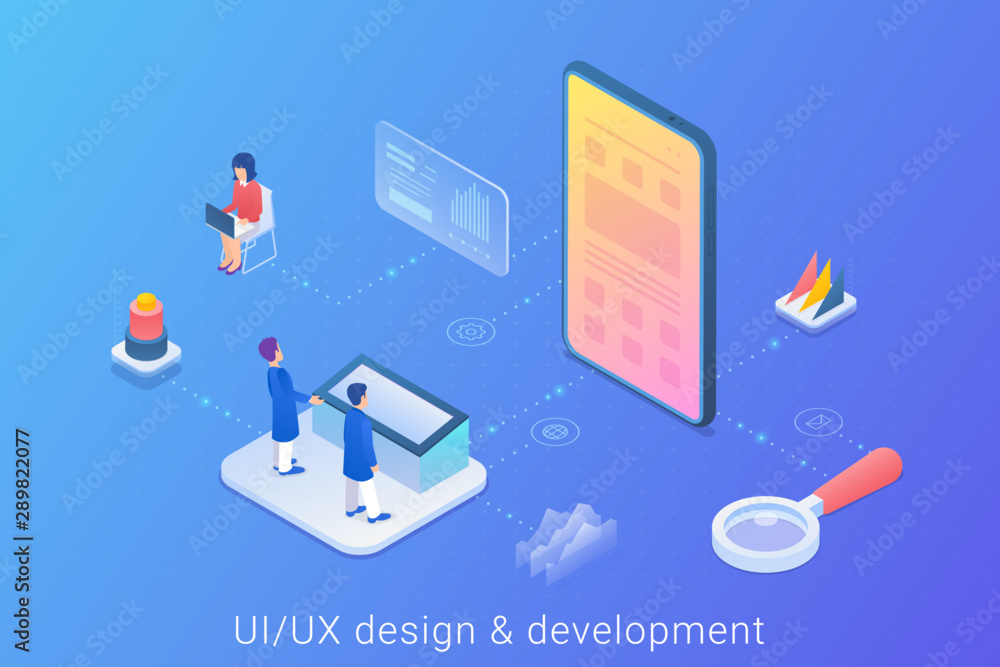 UI UX app Design Development Isometric Flat vector Illustration. Stock ...