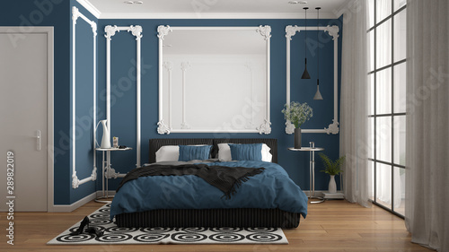Photography Modern blue colored bedroom in classic room with wall moldings, parquet, double bed with duvet and pillows, minimalist bedside tables, mirror and decors