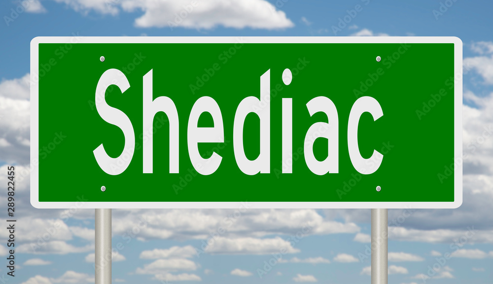 Rendering of a green road sign for Shediac New Brunswick in Canada Rendering of a green road sign for Shediac New Brunswick in Canada