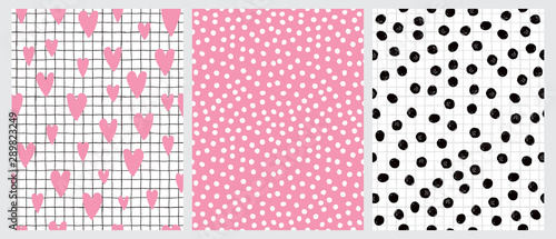 Cute Hand Drawn Irregular Hearts and Dots Vector Patterns. Pink Hearts and Black Grid Isolated on a White Background. Tiny White Dots on a Pink. Black Brush Dots on a White. Funny Infantile Design.