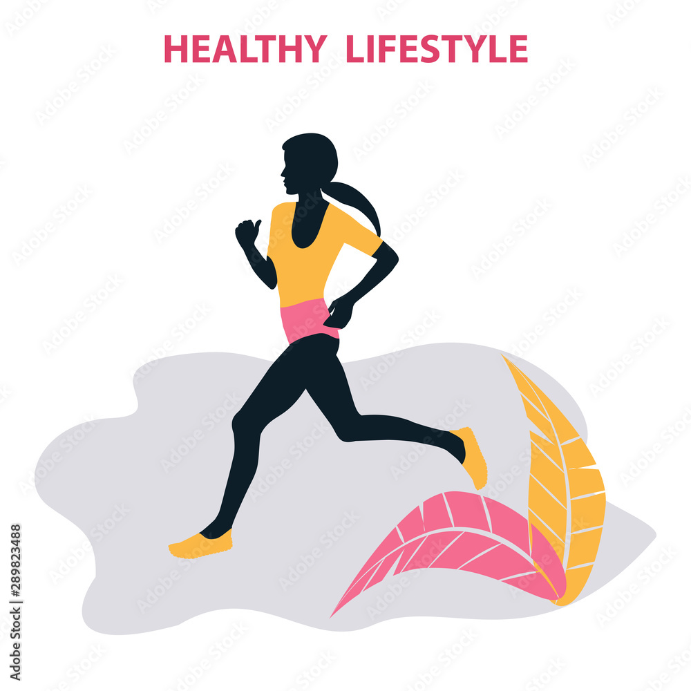 Woman sports runner - abstract element, leaves - isolated on white background - vector. Fitness Exercises.