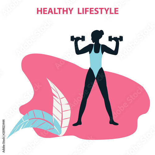 Woman with dumbbells - abstract element, leaves - isolated on white background - vector. Yoga. Fitness Exercises.