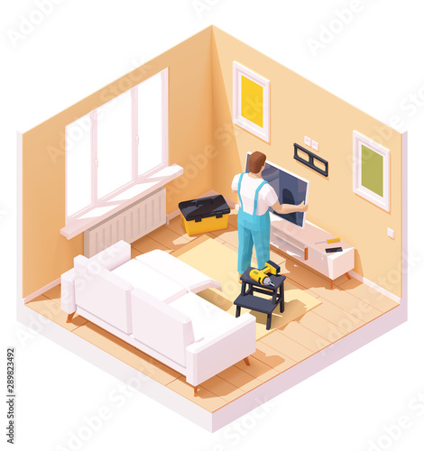 Vector isometric man at TV installation
