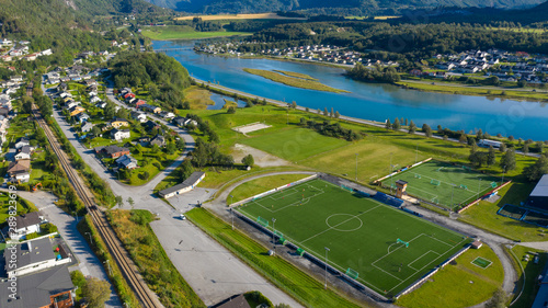 Aerial view of a smal sports soccer football field in a village