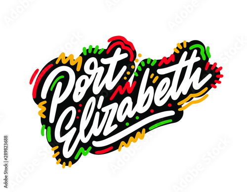 Port Elizabeth Word Text Creative Handwritten Font and Swoosh Shape Design Vector Illustration.