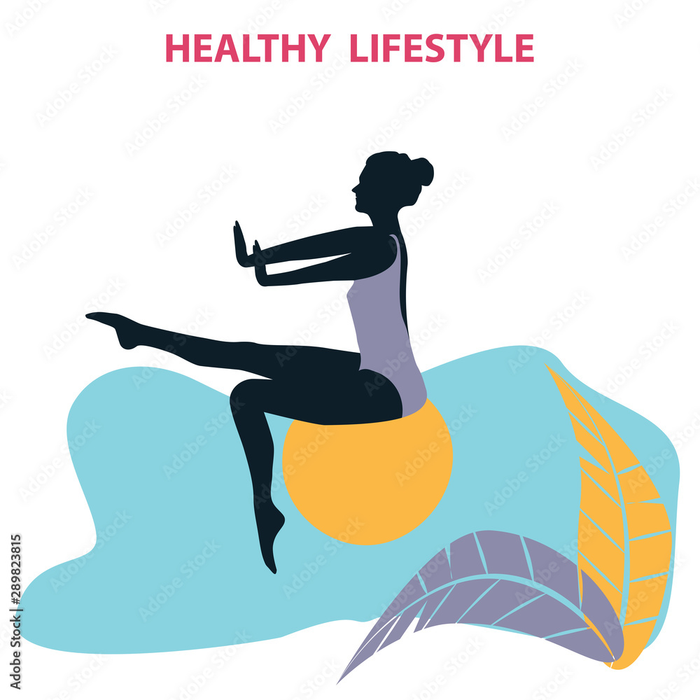 Girl - exercise sitting on a sports ball - abstract element, leaves - isolated on white background - vector. Yoga. Fitness