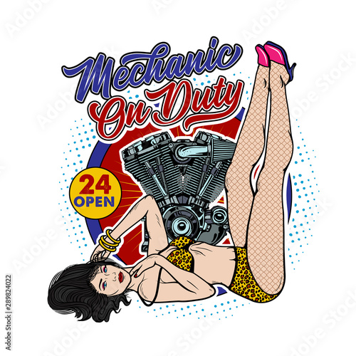 Rockabilly Girl With Engine. Pretty Woman In Bikini Swimwear.