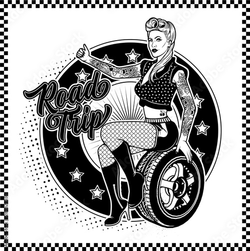 Rockabilly Girl Sitting On A Wheel. Pretty Woman Catches The Car.