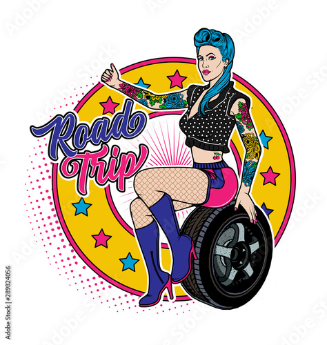 Rockabilly Girl Sitting On A Wheel. Pretty Woman Catches The Car.