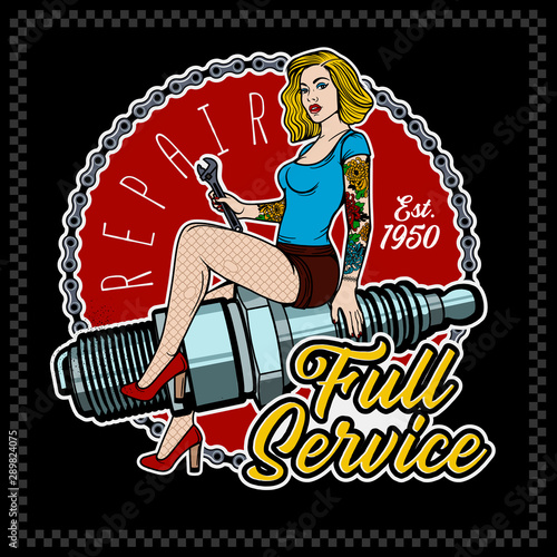 Spark Plug Pin Up Girl. Vintage Garage Girl.