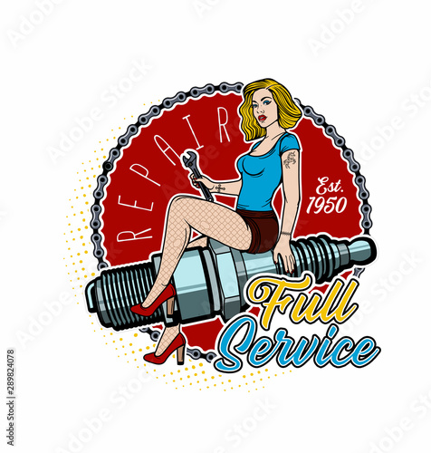 Spark Plug Pin Up Girl. Vintage Garage Girl.