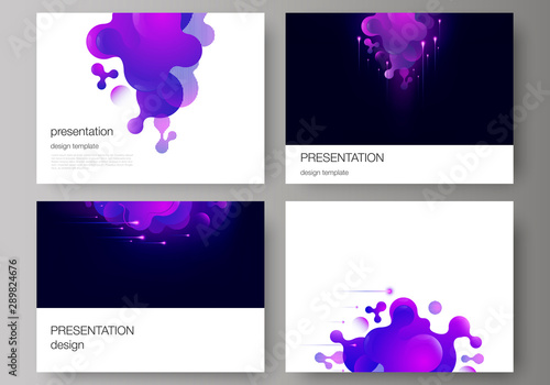 The minimalistic abstract vector illustration of the editable layout of the presentation slides design business templates. Black background with fluid gradient, liquid blue colored geometric element.