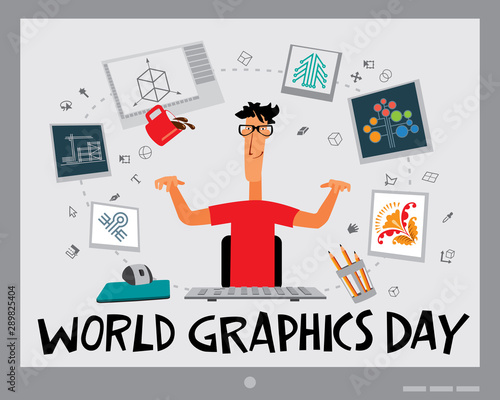 World Graphics Day. Greeting card. Designer guy inspires graphic masterpieces. Vector full color graphics