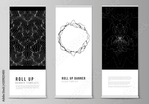 The vector illustration layout of roll up banner stands, vertical flyers, flags design business templates. Trendy modern science or technology background with dynamic particles. Cyberspace grid.