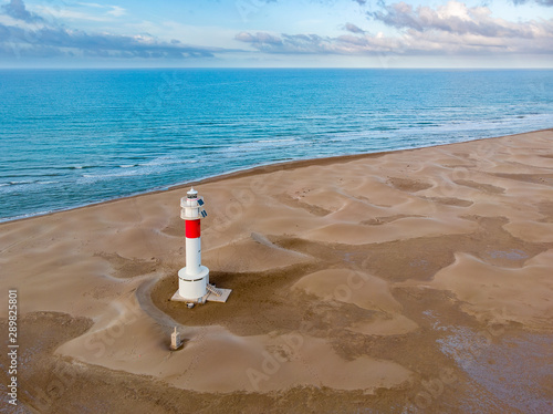 The lighthouse in Deltebre, Catalonia, Spain. Drone aerial photo