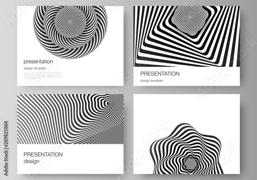 The minimalistic abstract vector layout of the presentation slides design business templates. Abstract 3D geometrical background with optical illusion black and white design pattern. © Raevsky Lab