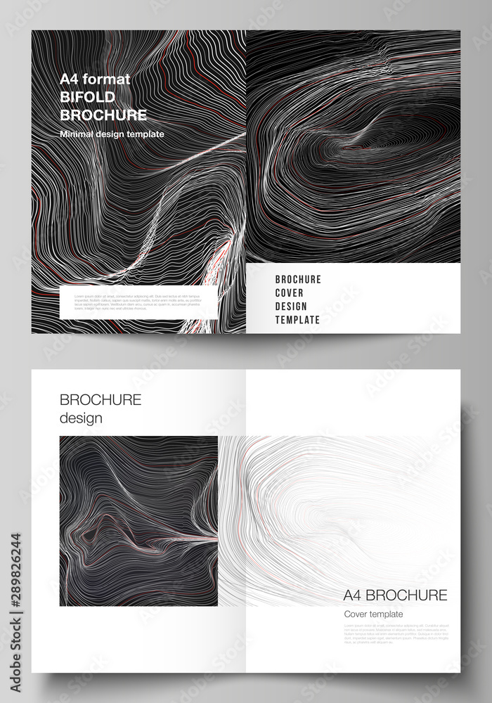 The vector layout of two A4 format modern cover mockups design templates for bifold brochure, magazine, flyer, booklet, annual report. 3D grid surface, wavy vector background with ripple effect.