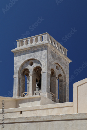 Marble bell tower of Roman Catholic Cathedral, Naxos town, Greek Islands