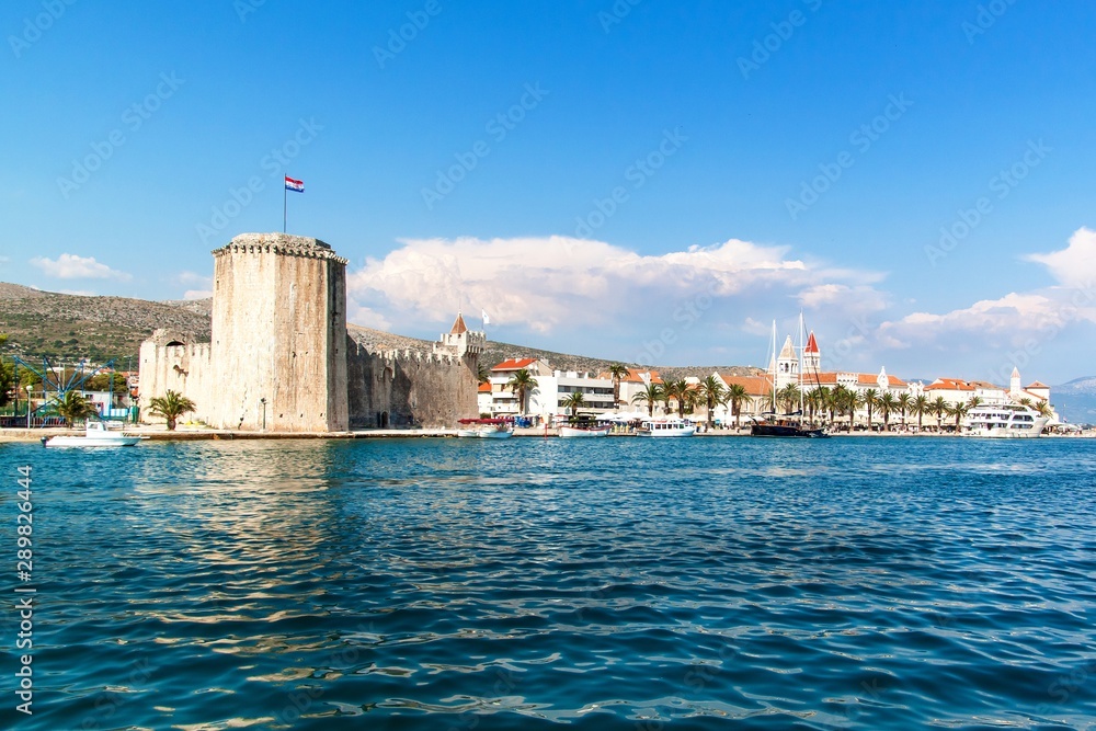 Kamerlengo is a castle and fortress in Trogir, Croatia. Travel on a yacht in Croatia. Trogir UNESCO world heritage site in Dalmatia. Old fort, Trogir.