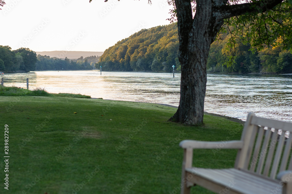 Wooden bench in foreground with tree on the river bank at sunset in autumn.