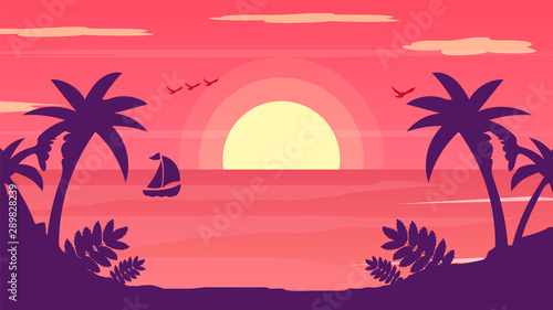 Fototapeta Naklejka Na Ścianę i Meble -  Sunset Beach Scene Vector Background