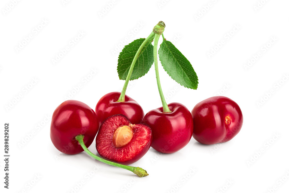 Obraz premium Some cherries with leaf and cut closeup isolated on white background