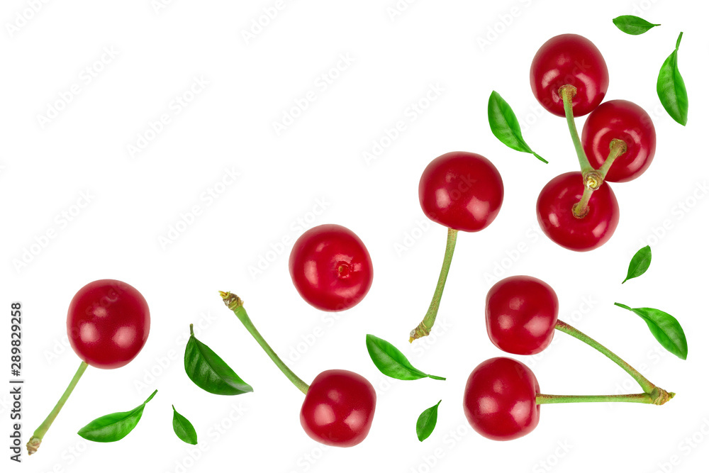 Some cherries with leaf closeup isolated on white background. With copy space for your text. Top view. Flat lay Some cherries with leaf closeup isolated on white background. With copy space for your text. Top view. Flat lay