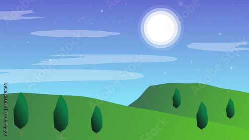 Green Field At Sunset Vector Background