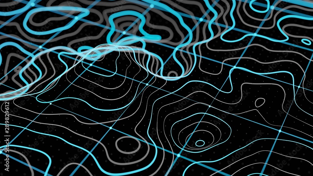 3d Topographic contour map, waving technology line backdrop. space or surface map, 3d render.