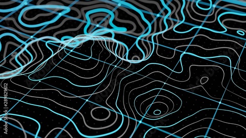 3d Topographic contour map, waving technology line backdrop. space or surface map, 3d render.