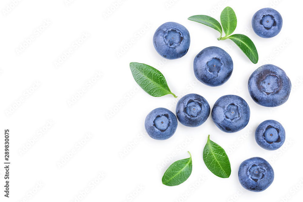 fresh ripe blueberry with leaf isolated on white background with copy space for your text. Top view. Flat lay pattern fresh ripe blueberry with leaf isolated on white background with copy space for your text. Top view. Flat lay pattern