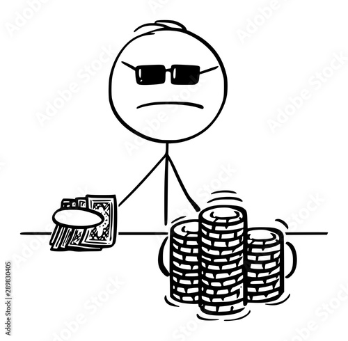 Vector cartoon stick figure drawing conceptual illustration of poker player with cards gambling and moving piles of casino chips.