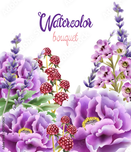 Wild nature watercolor flowers bouquet vector. Delicate postcard
