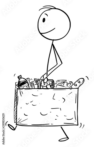 Vector cartoon stick figure drawing conceptual illustration of happy smiling man carrying big shopping bag full of food and other goods or groceries.