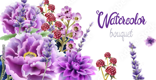 Wild nature watercolor flowers bouquet vector. Delicate postcard