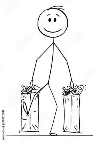 Vector cartoon stick figure drawing conceptual illustration of happy smiling man carrying big shopping bags full of food and other goods or groceries.