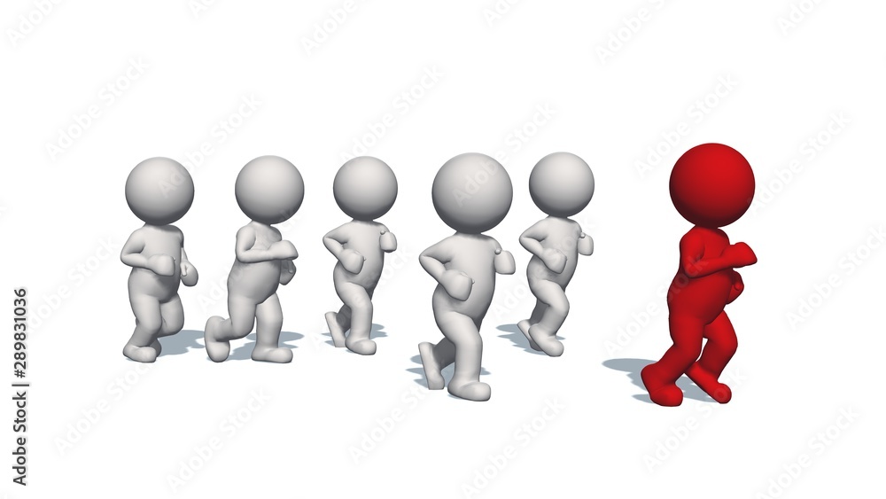 3D white humans running with a red human - isolated on white backgound - 3D illustration 3D white humans running with a red human - isolated on white backgound - 3D illustration