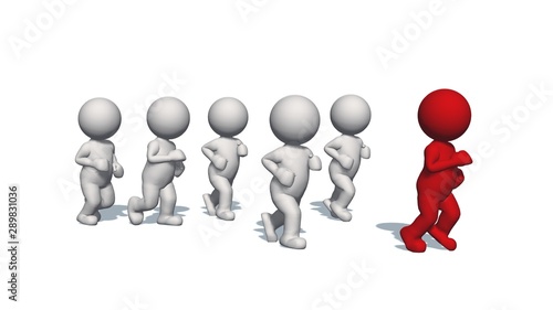 3D white humans running with a red human - isolated on white backgound - 3D illustration