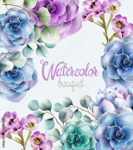 Wild nature watercolor flowers bouquet vector. Delicate postcard