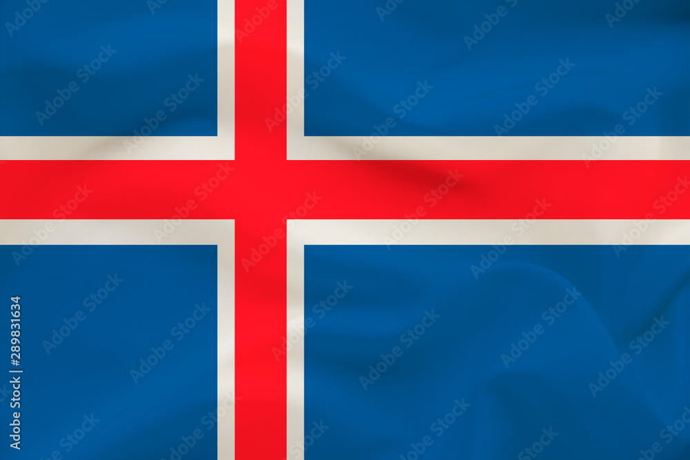 Fototapeta premium national flag of the country iceland on delicate silk with creases from the wind, concept of travel, immigration, politics, copy space, close-up