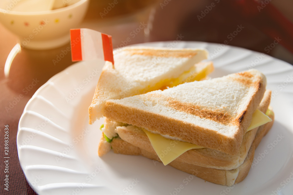 Fresh sandwich on a white plate with texture,sandwiches on dish in the morning