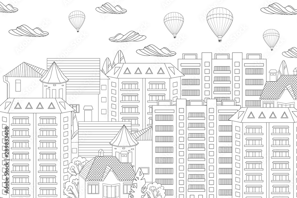 fancy cityscape with flying hot air balloons in the sky for your