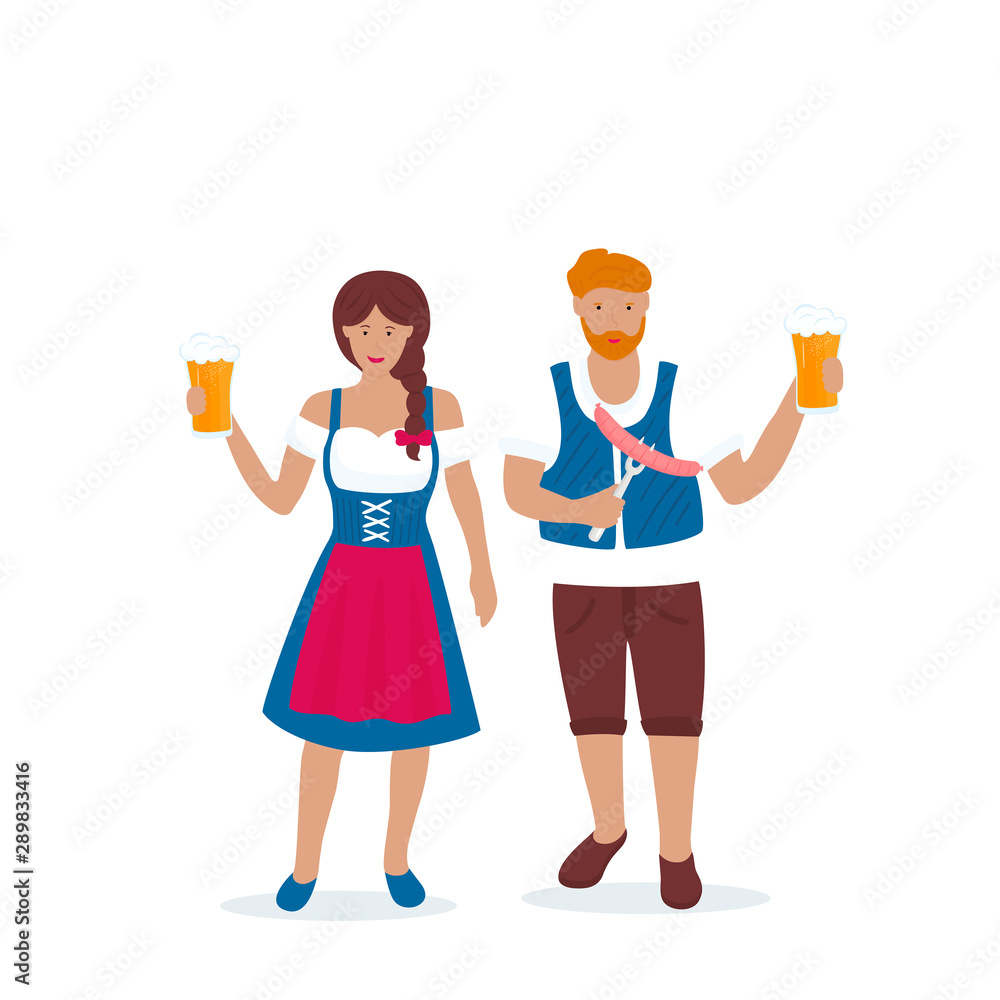 Man and woman in traditional German costumes celebrate Oktoberfest. Lederhosen and Dirndl. Man and woman in traditional German costumes celebrate Oktoberfest. Lederhosen and Dirndl.