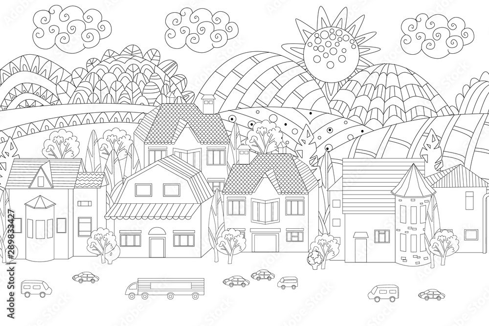 fancy mountain cityscape for your coloring page