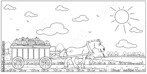Coloring book with horse drags a cart with an autumn harvest. Vector illustration.