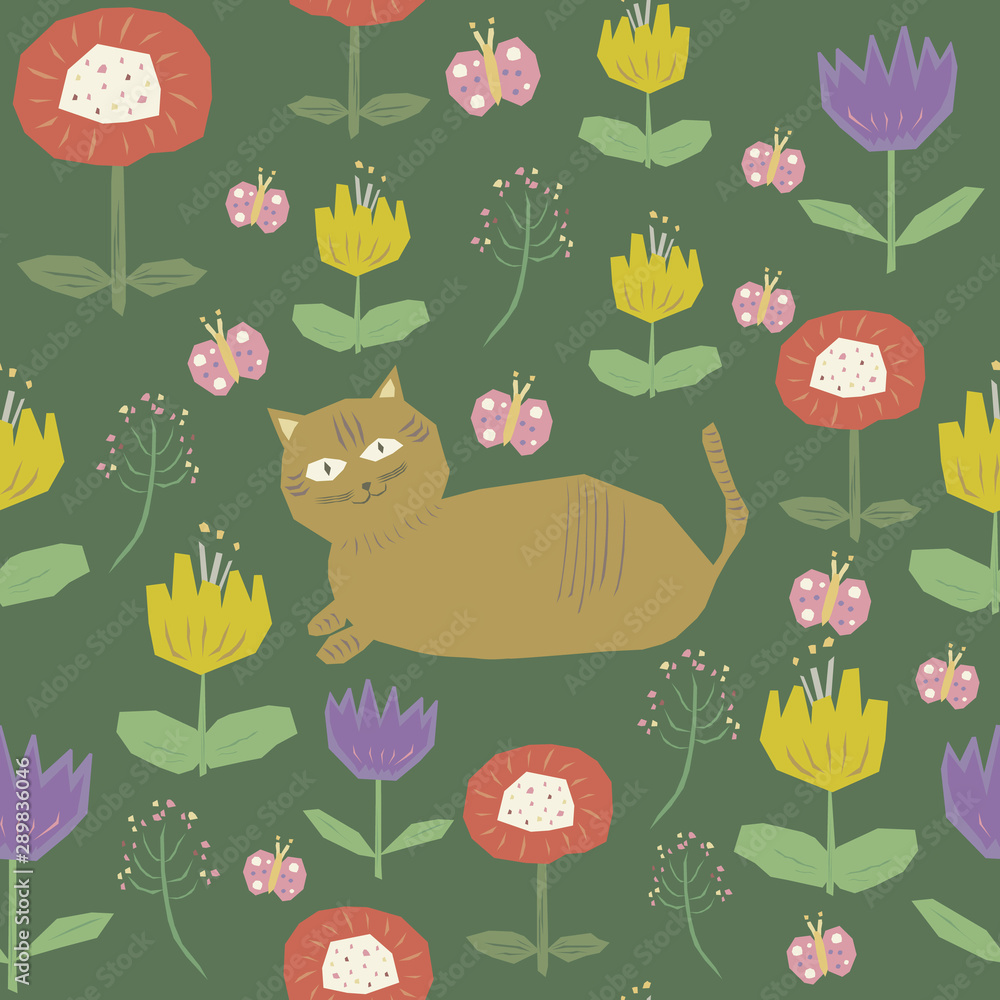 Cats and flowers, seamless pattern