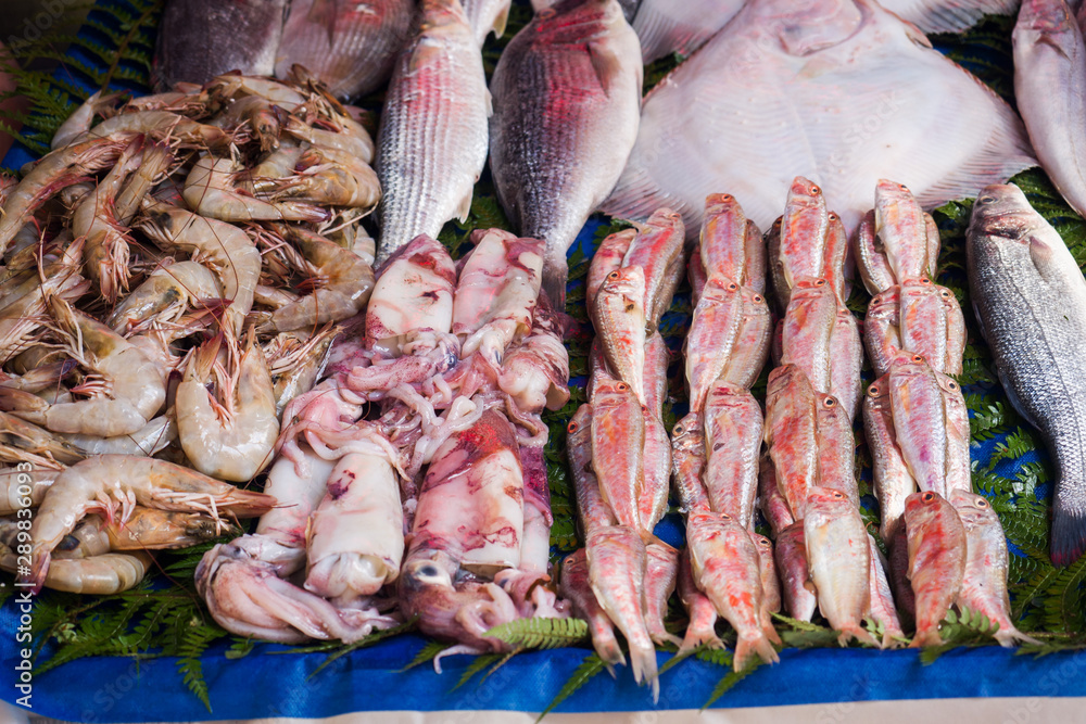 Fresh raw fish on the counter of the street market.