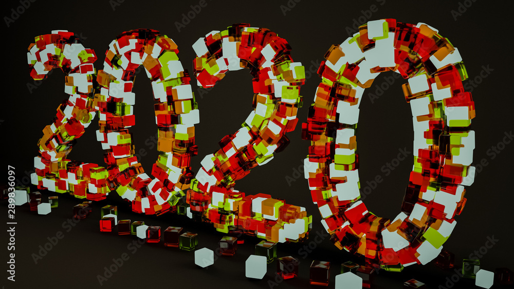 three-dimensional numbers 2020 on a dark background. 3d render. Illustration